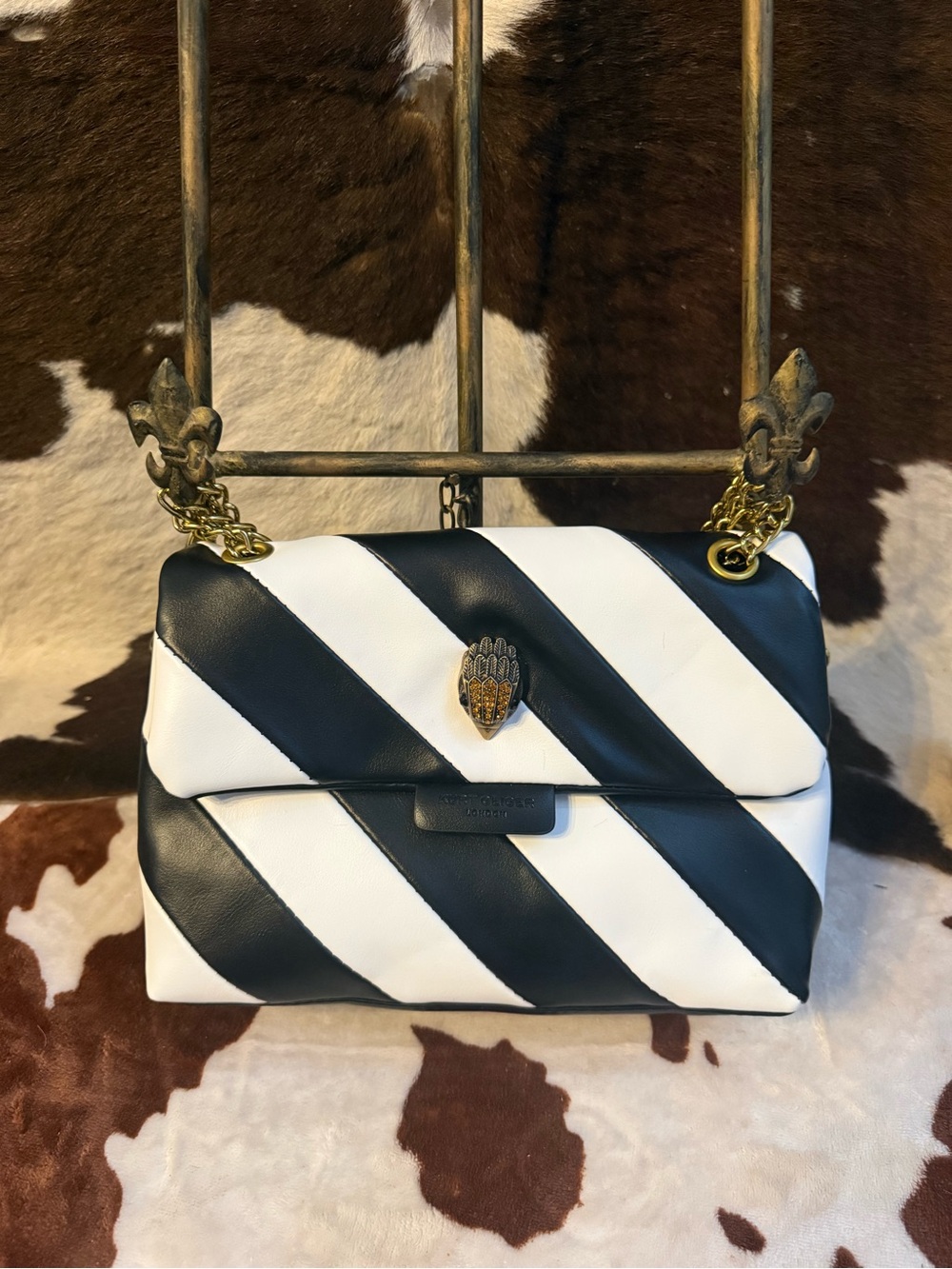 Kurt Geiger Black and White Diagonal Stripe Leather Shoulder Bag